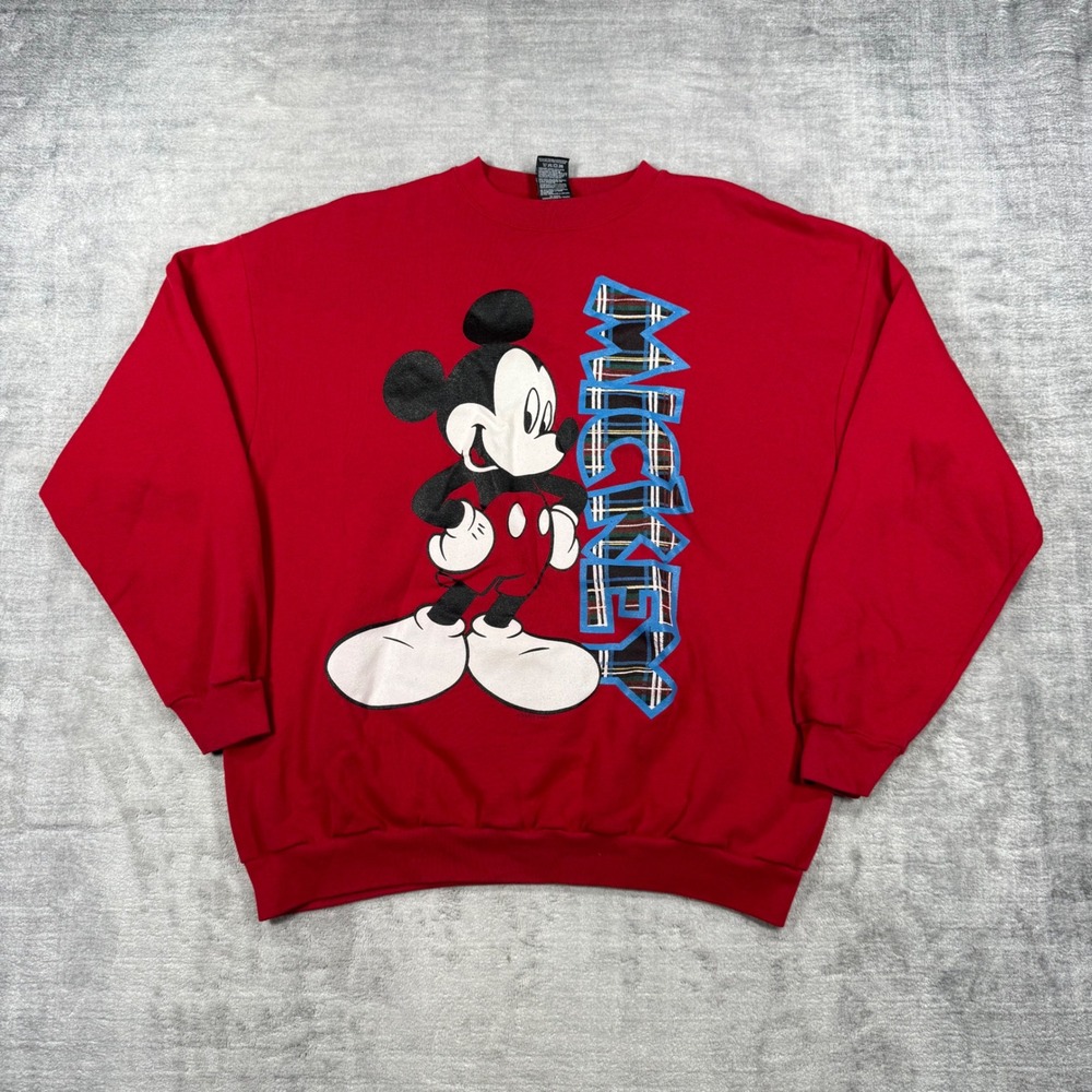 Mickey Unlimited Sweatshirt Men XL Red Plaid Spell Out Vintage Disney Crewneck
